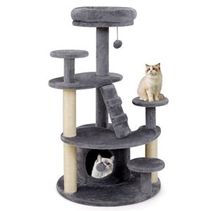 Albero per Gatti di Lusso da 40 Pollici con Base Larga, Scomparto Morbido Imbottito e Ampia Cuccia per Gatti Munchkin e Anziani - Materiale in Tessuto (Grigio) - Product Image 1