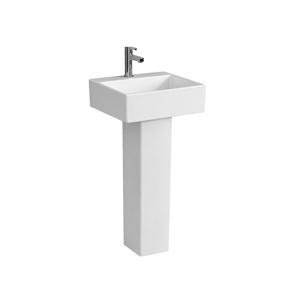 Lavabo sur pied rectangulaire pour salle de bain avec robinet à levier monotrou, drain NSF, design minimaliste, en céramique blanche polie, à poser au sol - Product Image 1
