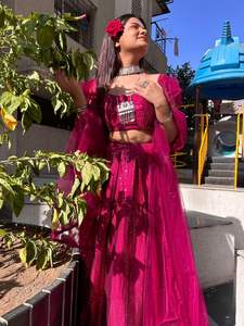 Dernier concepteur Georgette Séquence Net Ruffle Border Crop Top Lehenga Choli - Product Image 5