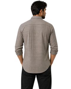 Camisa casual a cuadros en tono taupe y blanco para hombre, corte ajustado, manga larga, con botones, de algodón, elegante, de calidad premium. - Product Image 3