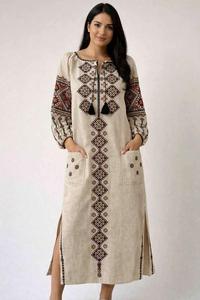 Women's <b>Formal</b> Summer Vintage Sweet Woven Embroidered Linen Maxi <b>Dress</b> O-Neck Loose Fit Ruffle Sleeve Party <b>Dress</b> - Product Image 2