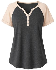 T-shirt Henley à manches courtes pour femme, gris anthracite beige, en coton doux, coupe décontractée, respirant, idéal pour l'été et le quotidien - Product Image 1
