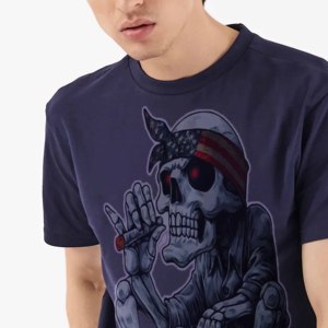 Men's <b>Navy</b> Blue Skull Print Short Sleeve T-Shirt O-Neck Casual Jersey Cotton Eco-Friendly Plus Size Streetwear Front Pattern - Product Image 3