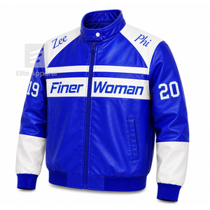 เสื้อแจ็คเก็ตหนัง Zeta Phi Beta Sorority สีน้ำเงินและสีขาว ปักโลโก้ สไตล์ลำลองสำหรับผู้หญิง บุด้วยโพลีเอสเตอร์ - Product Image 2