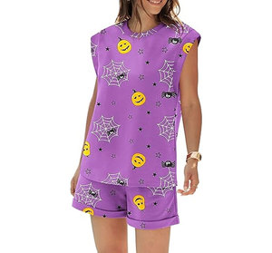 Conjunto de Top y Shorts de Satén 100% Algodón para Mujer, Estilo Casual, Cuello Redondo, Dos Piezas con Bolsillos, para Halloween - Product Image 4