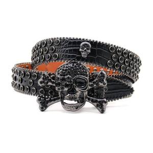 Ceinture en cuir pour homme, style Y2K punk, avec sequins, incrustation de crâne, strass et boucle en alliage, style rétro avec accessoires à rivets - Product Image 1