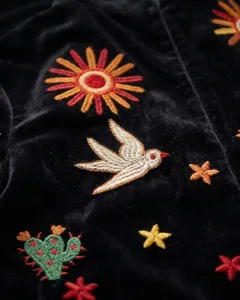 Luxury Velvet Suzani Long Jacket Embroidered With Floral And <b>Bird</b> Pattern <b>Stand</b> Collar Full Sleeve Prairie Chic Winter Outerwear - Product Image 4