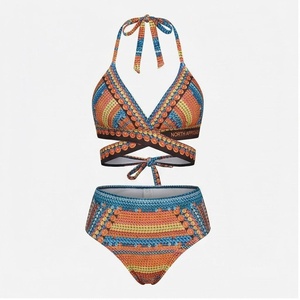 Ensemble bikini 2 pièces pour femme à imprimé géométrique, haut croisé à nouer et bas taille haute extensible avec détail cordon de serrage - Product Image 1