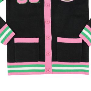 Suéter Cárdigan de Lana Negro con Ribete Rosa y Verde, Chaqueta de Punto con Botones y Escudo Bordado, Moda Femenina - Product Image 4