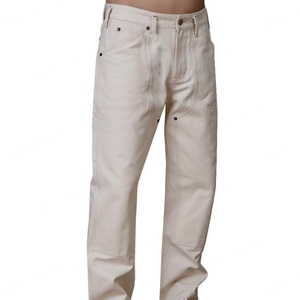 Jean en denim utilitaire beige cassé pour homme, coupe droite classique, avec rivets et ourlet retroussé, pantalon décontracté - Product Image 5