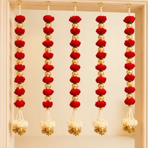 Guirlande suspendue en tissu perlé à motif de fleur de lotus rouge, décoration murale Toran pour mariage, Diwali, faite à la main - Product Image 6