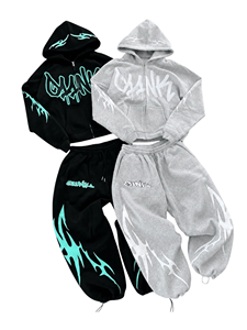 Wholesale Mens <b>Y2K</b> Graphic Streetwear <b>Tracksuits</b> Custom Logo Lightweight Cotton Fleece Full Zip Hoodie Sweatsuit Multi Color Two - Product Image 4