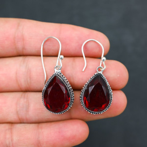 Customised <b>Red</b> Garnet LAB-CREATED 925 Sterling Silver <b>Earrings</b> 1.9" Handmade Gemstone Jewelry Antique Fine <b>Earring</b> Gift for Wome - Product Image 2