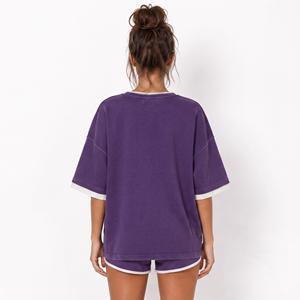 V Neck Short Sleeve Double Layer T Shirt Ladies Cotton Polyester Tee <b>Top</b> Embroidered Double Layer T-Shirts Women's V Neck Tee - Product Image 2