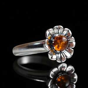 Bague ajustable en ambre de la Baltique avec fleur, en argent délicat, minimaliste, avec pierre précieuse, petite, empilable, pour femme - Product Image 3