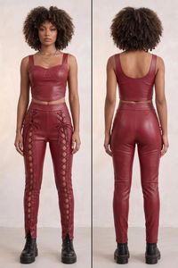red <b>Lace</b> <b>up</b> Genuine <b>Leather</b> <b>Pants</b> High Waist Gothic Trousers Formal Skinny Fit Full Length Clubwear Streetwear - Product Image 6