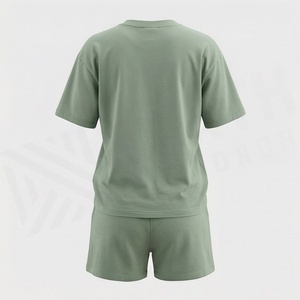 Conjunto de 2 Piezas para Mujer, Tejido, Verde Sólido, Casual, Camiseta de Manga Corta y Pantalones Cortos por Encima de la Rodilla, Cuello Redondo, Corte Holgado, Primavera - Product Image 2