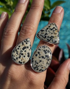 Anillo de Plata de Ley 925 con Jaspe Dálmata, Estilo Bohemia para Mujer, con Engaste de Bisel, Piedras Naturales de Formas Mixtas, para Uso Diario - Product Image 3