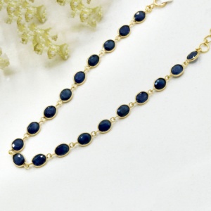 Women's Dainty 18k Pure Yellow Gold Natural Blue Sapphire Gemstone Handmade Bracelet- Certified Party <b>Gift</b> - Product Image 3