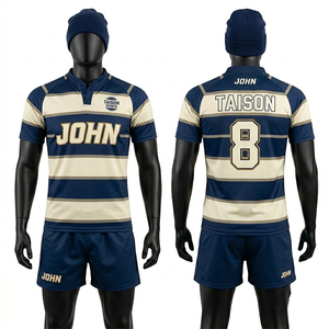 Maillot de rugby pour homme 240 GSM en polyester tricoté haute densité, rayures dorées et vert-bleu marine, personnalisable avec nom et numéro sublimés - Product Image 4