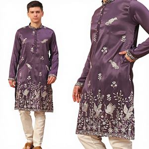 Pyjama Kurta en rayonne de soie et coton de qualité supérieure pour hommes avec paillettes brodées pour les fêtes et le style traditionnel Diwali - Product Image 4
