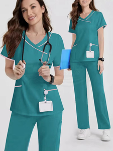 Conjuntos de Uniformes Médicos Unisex de Manga Corta con Cuello en V, Elásticos, de Lona, sin Costuras, para Uso en Quirófanos y Clínicas - Product Image 4