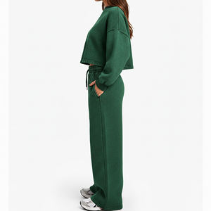 Ensemble sweat à capuche court et jogging en molleton 100 % coton, couleur unie, style streetwear, grande taille, léger et ample, prix de gros - Product Image 5