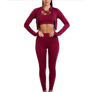 Custom Fitness 3 Piece Crop Top <b>Set</b> Breathable Stretch Fabric High Waist Leggings Sports Bra Activewear For Women - Product Image 1