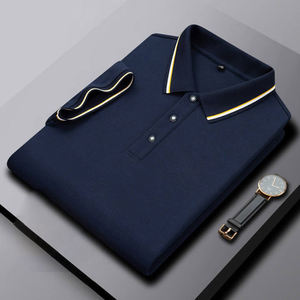 Men's Navy <b>Blue</b> Short Sleeve <b>Polo</b> <b>Shirt</b> Knitted Cotton Solid Color Casual Breathable Design with Contrast Trim Collar - Product Image 1