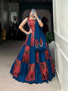 Women Traditional Indian Pakistani Wedding <b>Saree</b> Set Blue <b>Red</b> Embroidered Cotton Floor-Length Loose Fit Adult Size 7 Days Sample - Product Image 5