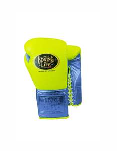 Gants d'entraînement MMA/Sanda personnalisés No Boxing No Life, jaune néon/bleu métallisé, cuir de vache véritable, lacets professionnels, pour l'extérieur - Product Image 1
