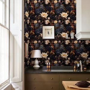 Carta da Parati Nera con Piante Succulente e Fiori Bianchi/Rossi, Facile da Applicare, Stile Vintage per Decorazione Casa - Product Image 4