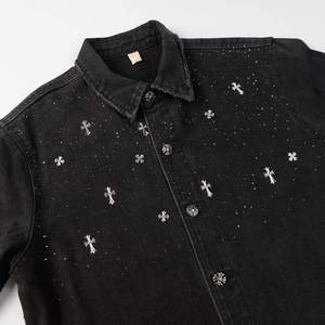 Men's Black <b>Denim</b> <b>Jacket</b> With Embroidered Crosses Turn-down Collar Casual Style Autumn Wear - Product Image 4