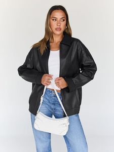 Chaqueta Bomber de Cuero PU Negra para Mujer con Cierre de Cremallera, Cuello Camisero, Manga Larga, Estilo Otoñal a Prueba de Viento - Product Image 2