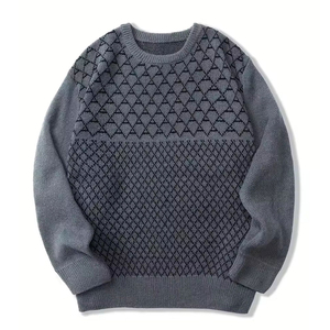 2026 Best Quality Men's Gray Knitted O-Neck <b>Pullover</b> <b>Sweater</b> with Geometric Pattern Long Sleeve - Product Image 1