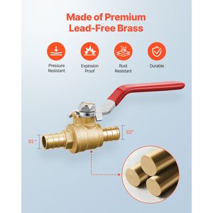 10 Piece PEX Full Port Brass Ball Valve Set 1/2\" Quarter Turn with <b>Red</b> <b>Hot</b> & Blue Cold Indicators Sealed with PTFE - Product Image 2