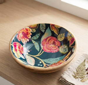Bol à salade en bois nordique avec motif de feuilles grises à l'intérieur, plat rond, passe au lave-vaisselle - Product Image 6