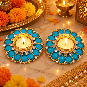 Ensemble de 2 porte-bougies décoratifs pour bougies chauffe-plat |   Porte-diya floraux verts pour la décoration de Diwali, la décoration de la maison et la Pooja - Product Image 3