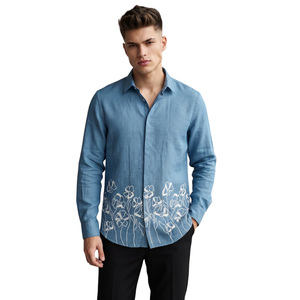 <b>Denim</b> Blue <b>Mens</b> Floral Printed Long Sleeve <b>Shirt</b> Button Down Casual Slim Fit Fashion Dress <b>Shirt</b> Custom Apparel Manufacturer - Product Image 1