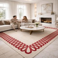 Lüks Krem Alan Halısı Kırmızı Döngülü Kenarlı Modern El Tuft Halısı Çağdaş Yün Halı Minimalist Ev Dekorasyonu Açıklama Halısı