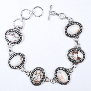 Wholesale Vintage Style Sterling Silver Plated White Buffalo Turquoise Oval <b>Stone</b> Toggle Clasp Link <b>Bracelet</b> Bohemian Ethnic - Product Image 1