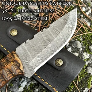 Cuchillo de caza de hoja fija de acero de Damasco con punta de gota y gancho para desollar, mango de madera verde, filo recto, OEM, 8 pulgadas, 2 hojas, para camping al aire libre - Product Image 5