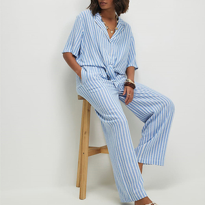 Ensemble de détente pour femme en tissu régulier 100 % coton à rayures, séchage rapide, vêtements d'été, chemise boutonnée et pantalon - Product Image 2