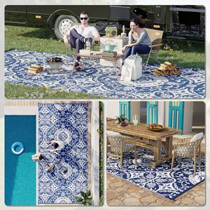 Tappeto da esterno per patio camper 18 piedi blu e bianco con borsa, in fibra riciclata a pelo riccio, per interni/esterni, sala da pranzo - Product Image 5