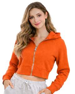 Sudadera con capucha corta personalizada para mujer, con cremallera, manga larga, informal, de felpa suave, estilo urbano, color naranja, para otoño e invierno. - Product Image 1