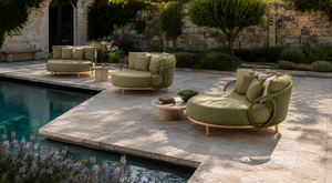 ROBD-010 Lit de Jardin Moderne en Rotin avec Coussin Vert, Cadre en Bois de Teck, Mobilier de Jardin Contemporain Résistant aux Intempéries, Siège Individuel - Product Image 2
