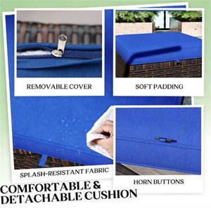 Two-Piece Outdoor <b>Stool</b> with Rattan Foot <b>Pad</b> and Dark Blue Cushion Terrace Ottomans Comfortable Footstool - Product Image 2