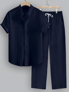 Men's Striped Short Sleeve Shirt With Turn-<b>down</b> Collar And Drawstring <b>Pants</b> Set Summer Casual Wear 100% Cotton - Product Image 2