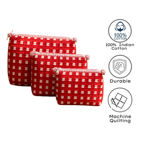 Red Hand Crafted Block Print Quilted Cosmetic Bag Set with White Checkered Pattern Zipper Closure Travel <b>Storage</b> <b>Makeup</b> Pouches - Product Image 3