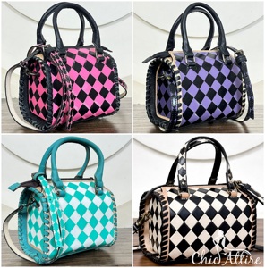 Designer Pink & Black Checkered Hand <b>Tooled</b> <b>Leather</b> Small Speedy Bag Compact Women Top Handle Mini Shoulder Crossbody Duffel Bag - Product Image 1